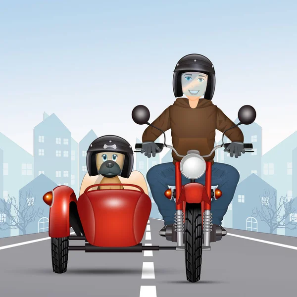 Illustration Man Sidecar Dog — Stockfoto