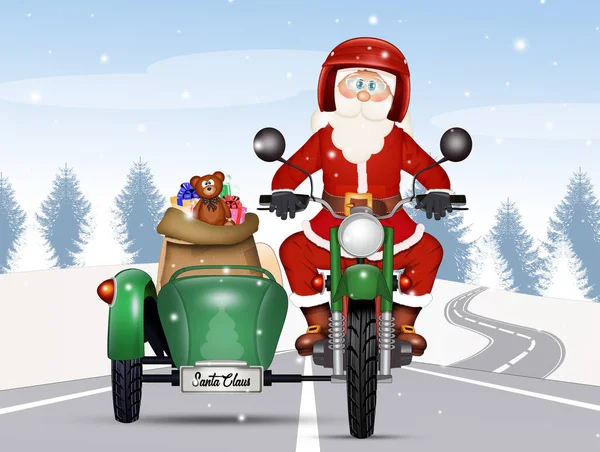 Illustration Santa Claus Sidecar Brings Gifts — Stock Photo, Image