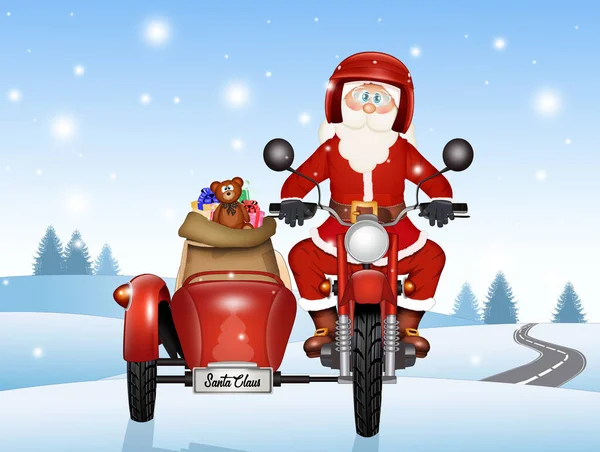 Ilustracja Santa Claus Sidecar Przynosi Prezenty — Zdjęcie stockowe