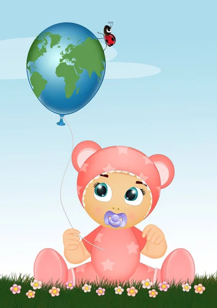Иллюстрация Малышки Воздушным Шаром Форме Мира — стоковое фото