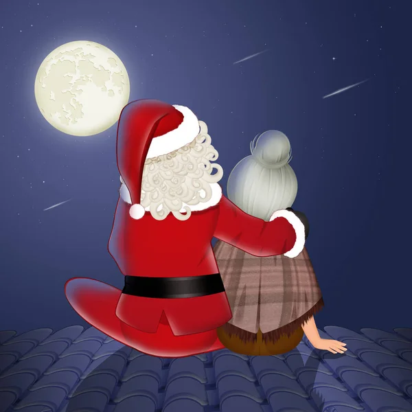 Santa Claus Roof His Wife — 图库照片