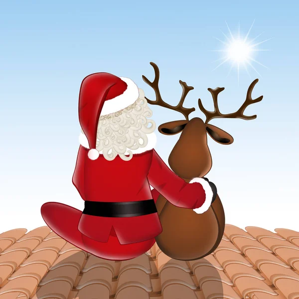 圣诞老人和驯鹿在屋顶上 — 图库照片
