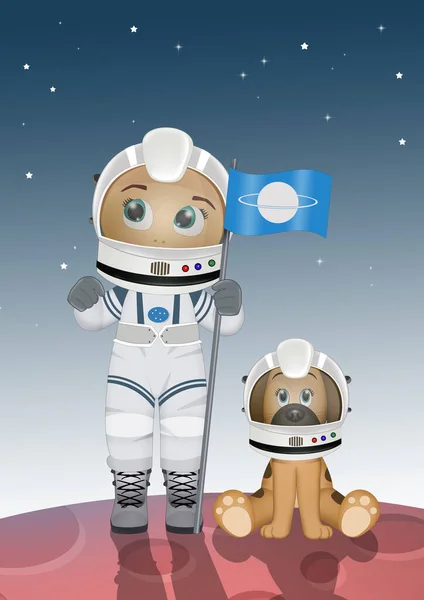 Ilustração Bebê Astronauta Com Filhote Cachorro — Fotografia de Stock
