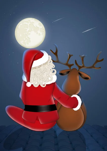 Санта Клаус Северный Олень Смотрят Луну — стоковое фото