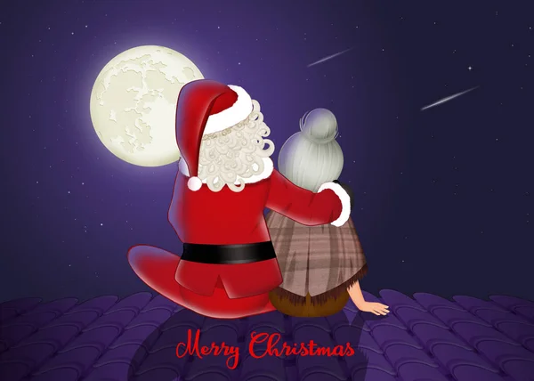 Weihnachtsmann Und Frau Schauen Auf Dem Dach Auf Den Mond — Stockfoto