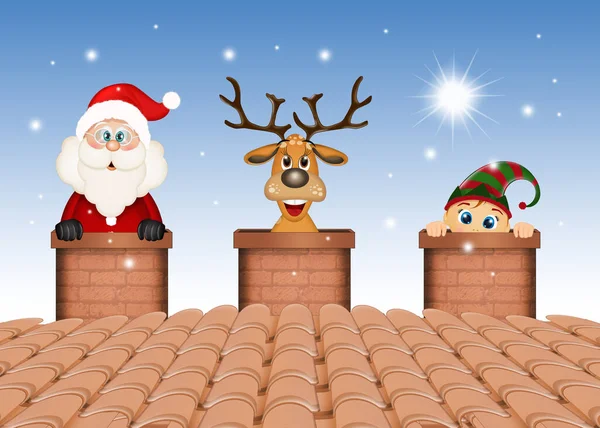 Santa Claus Reindeer Elf Chimney — Stock Photo, Image