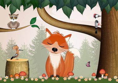 illustration of red fox in the woods