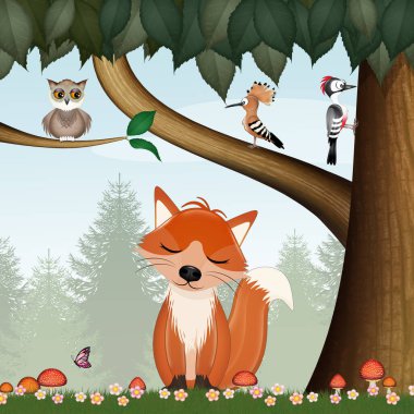 illustration of red fox in the woods