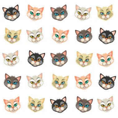 illustration of various faces of kittens on white background