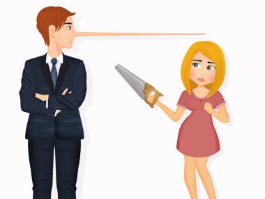 illustration of man telling lies to woman