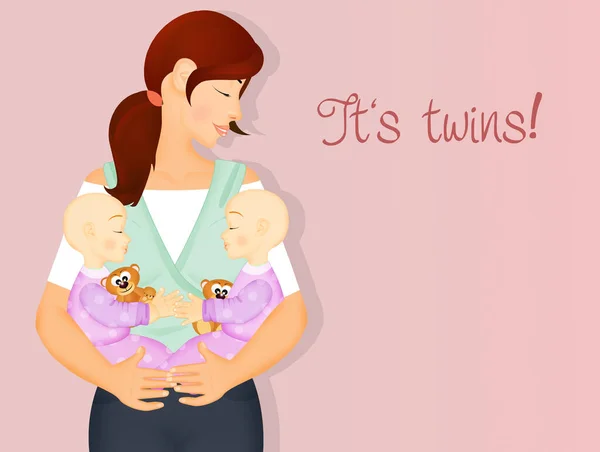 Illustration Twins Birth Announcement Postcard — Stock Photo, Image