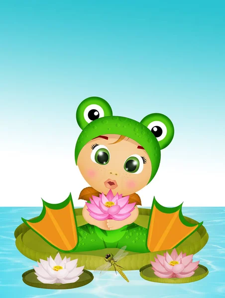 child with frog costume on the water lily