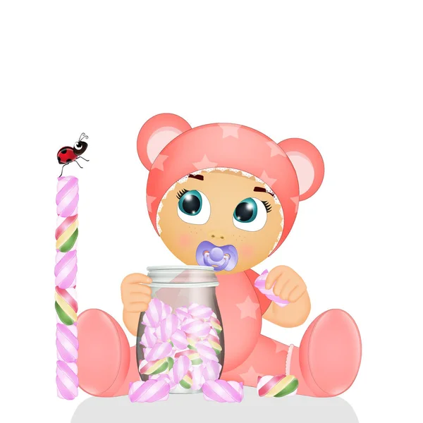 Illustration Baby Girl Marshmallows — Stock Photo, Image