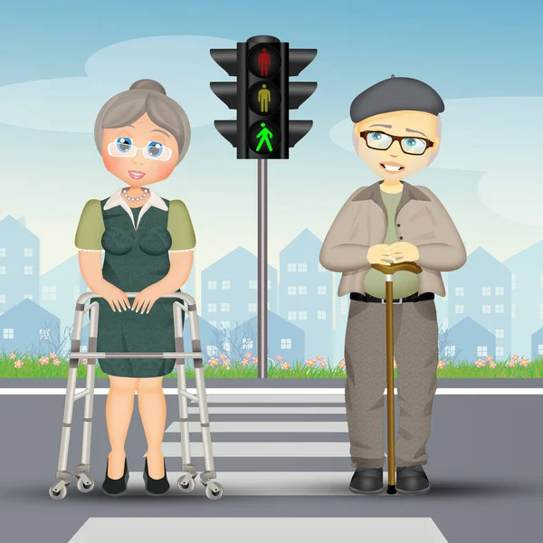 Illustration Grandparents Crosswalks — Stock Fotó