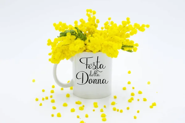 Feliz Día Mujer Mimosa Flores Taza — Foto de Stock