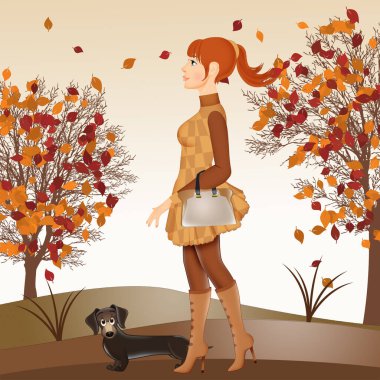 Sonbaharda köpeğiyle bir kız.