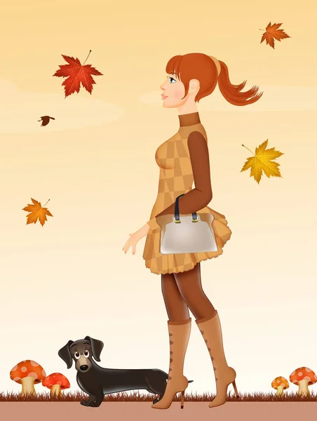 Ілюстрація Брюнетки Дівчини Собакою Восени — стокове фото