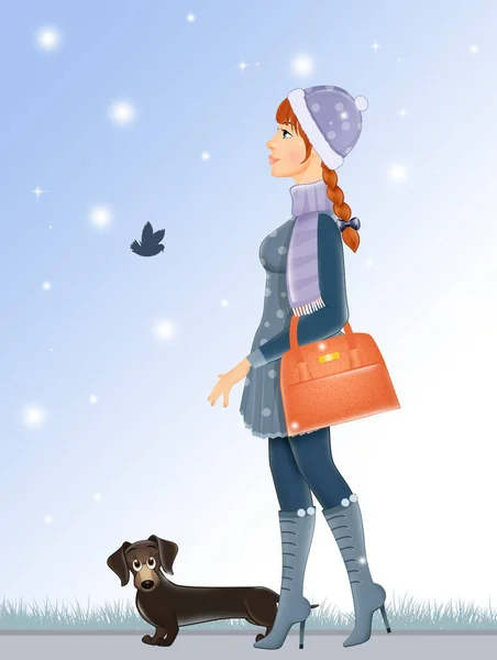 Ilustración Chica Morena Con Perro Invierno —  Fotos de Stock