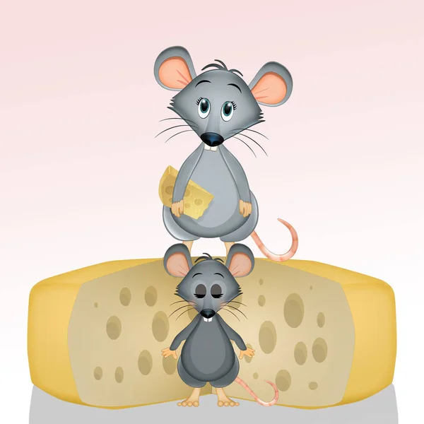 Ilustração Pequenos Ratos Com Queijo — Fotografia de Stock