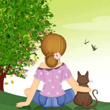 girl sitting with cat looks at the spring landscape