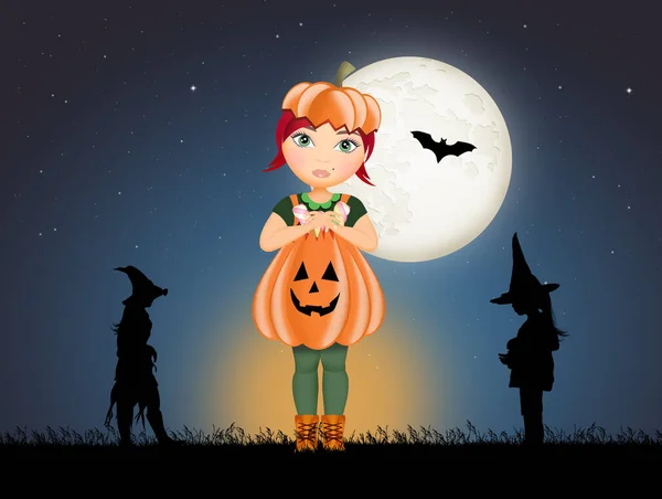Ilustração Menina Com Traje Abóbora Para Halloween — Fotografia de Stock