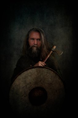 Sakallı Viking savaşçısı kalkan ve baltayla hazır.