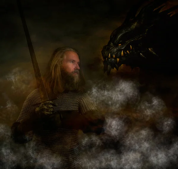 Nahaufnahme Eines Wikinger Kriegers Mit Einer Grasnarbe Die Einen Drachen — Stockfoto