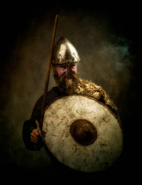 Viking Warrior Helmet Shield Sward Ready — Stock Photo, Image