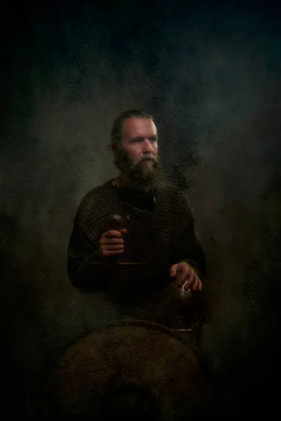 Vikingský Válečník Helmou Štítem Plachtou — Stock fotografie