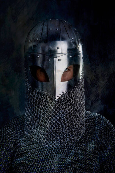 Viking warrior with helmet close up