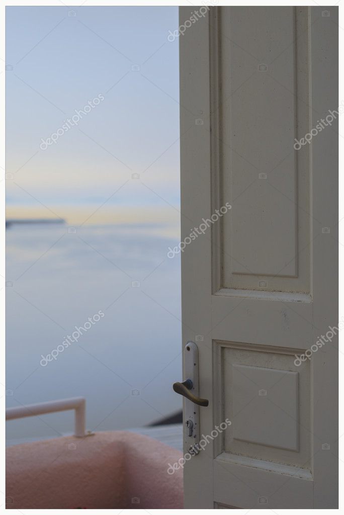 Doors Open Views Of The Sea On The Island Of Santorini Stock