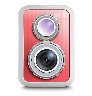 simge, kamera iki lens, kırmızı kılıf .