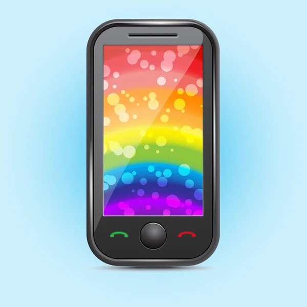 Icono de un teléfono móvil con un arco iris en la pantalla — Vector de stock