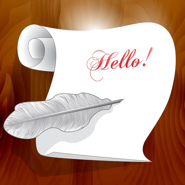 Λευκό χαρτί, στυλό φτερό, πάνω σε ένα ξύλινο υπόβαθρο — Διανυσματικό Αρχείο
