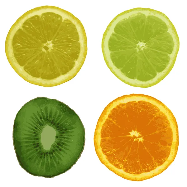 Zestaw, cytryny, limonki, pomarańczy, kiwi na białym tle. — Stock Vector