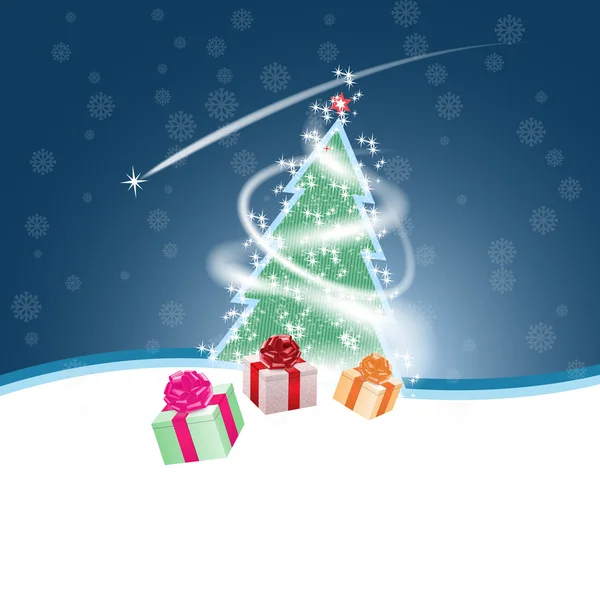 Sfondo natalizio, regali, albero di pelliccia, neve. Vettore — Vettoriale Stock