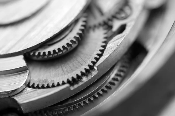 Zwart Metallic Witte Achtergrond Met Metalen Tandwielen Een Uurwerk Macro — Stockfoto