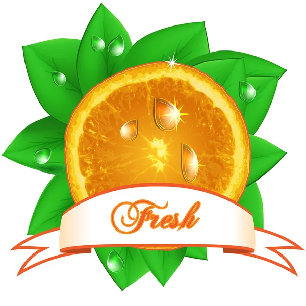 Naranja fresca jugosa con hojas, gotas y cinta en el respaldo blanco — Archivo Imágenes Vectoriales