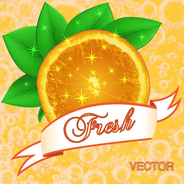 Juicy fresh orange, background with leaves and ribbon.Vector — Stock Vector