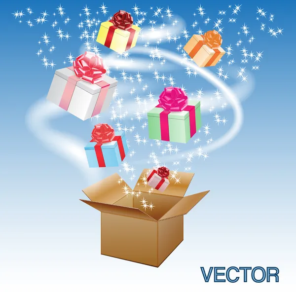 Open cardboard box with an a gifts.Vector — Stock Vector