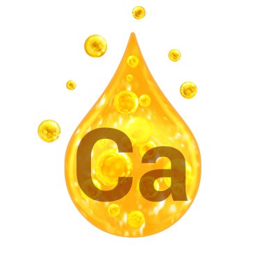  Mineral vitamin kompleksi. Mineral Ca. Kalsiyum. Altın damlalar ve altın toplar beyaz arka planda izole edilmiş. Sağlık konsepti. Ca Kalsiyum.