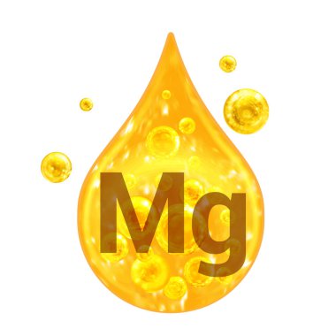Mineral vitamin kompleksi. Mineral MG Magnezyum. Altın damlalar ve altın toplar beyaz arka planda izole edilmiş. Sağlık konsepti. Mg Magnezyum.