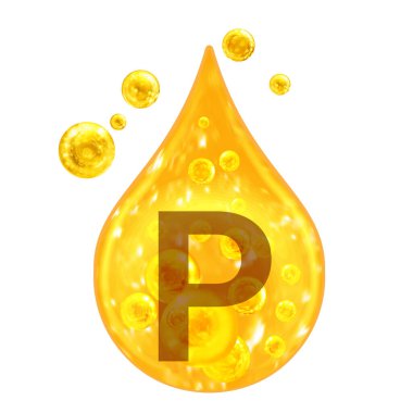 Mineral vitamin kompleksi. P minerali fosfor. Altın damlalar ve altın toplar beyaz arka planda izole edilmiş. Sağlık konsepti. P Fosfor.