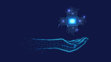 Chip, elimizdeki beyin üçgenlerden ve koyu mavi arkaplandaki noktalardan geliyor. Nanoteknoloji, nöral ağlar, makine öğrenimi gibi modern teknolojilerin veri analizi kavramı ve kavramları. Yapay zeka.