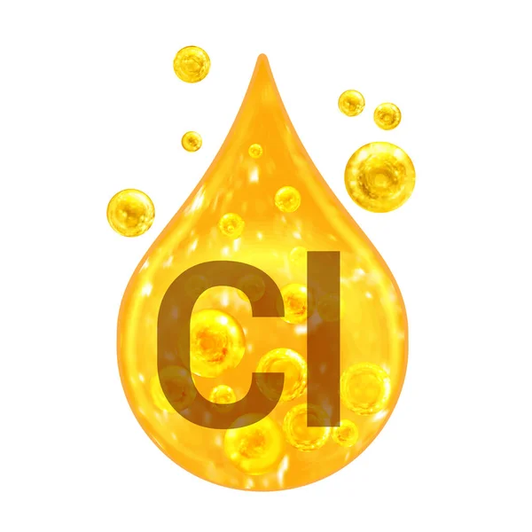 ミネラルビタミン複合体 鉱物のCl 塩素だ 黄金のドロップと黄金のボール白い背景に隔離された 健康の概念 塩素酸 — ストック写真