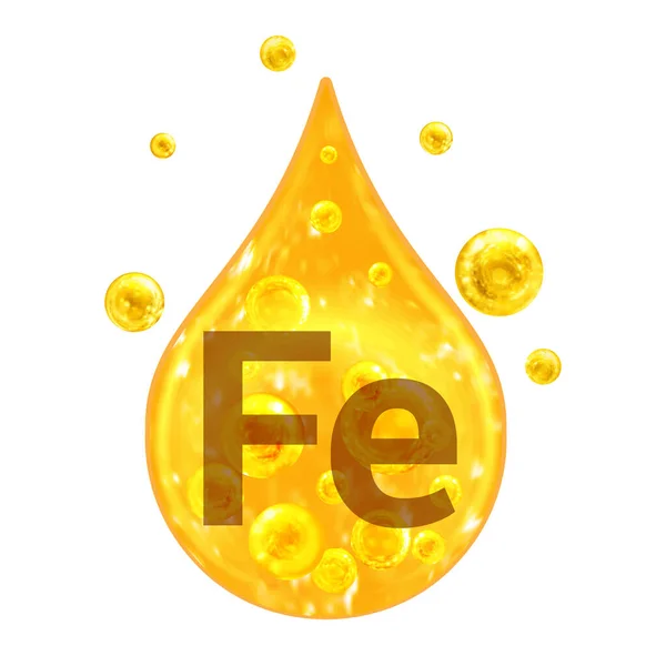 ミネラルビタミン複合体 鉱物Fe フェルム 黄金のドロップと黄金のボール白い背景に隔離された 健康の概念 鉄フェルム — ストック写真