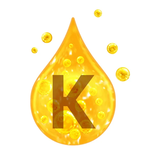 カリウム ミネラルビタミン複合体 ミネラルKカリウム 黄金のドロップと黄金のボール白い背景に隔離された 健康の概念 Kカリウム — ストック写真