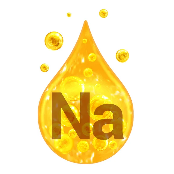 ミネラルビタミン複合体 鉱物のNa ナトリウム 黄金のドロップと黄金のボール白い背景に隔離された 健康の概念 ナトリウム — ストック写真