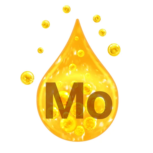 ミネラルビタミン複合体 鉱物モーメント モリブデンだ 黄金のドロップと黄金のボール白い背景に隔離された 健康の概念 Moモリブデン — ストック写真