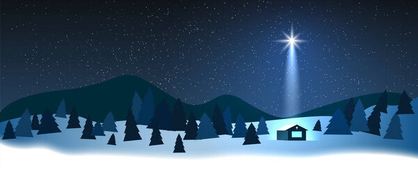 Nativity Christmas concept. The birth of Jesus Christ. Star indicates the christmas of Jesus Christ. Winter forest and starry sky. Christmas star 
